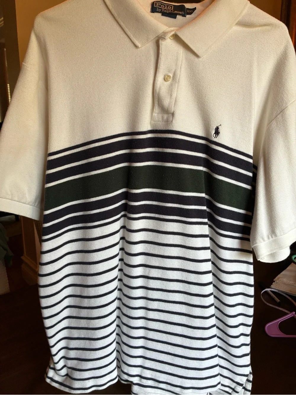 Polo by Ralph Lauren White Polo with Navy and Dark Green Stripes